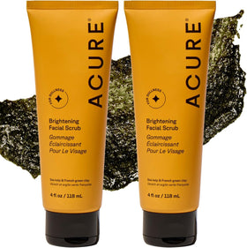 Acure front packaging brightening scrub clearly showing tube and benefits