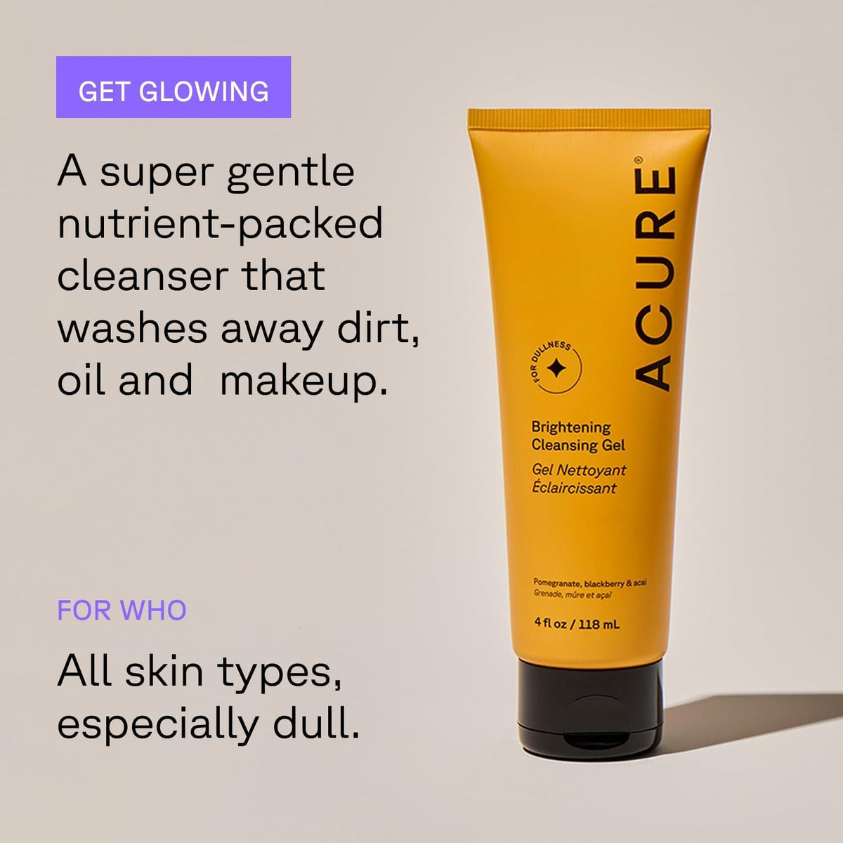 Acure gel foam on fingertips rinsing clean to preserve skin moisture