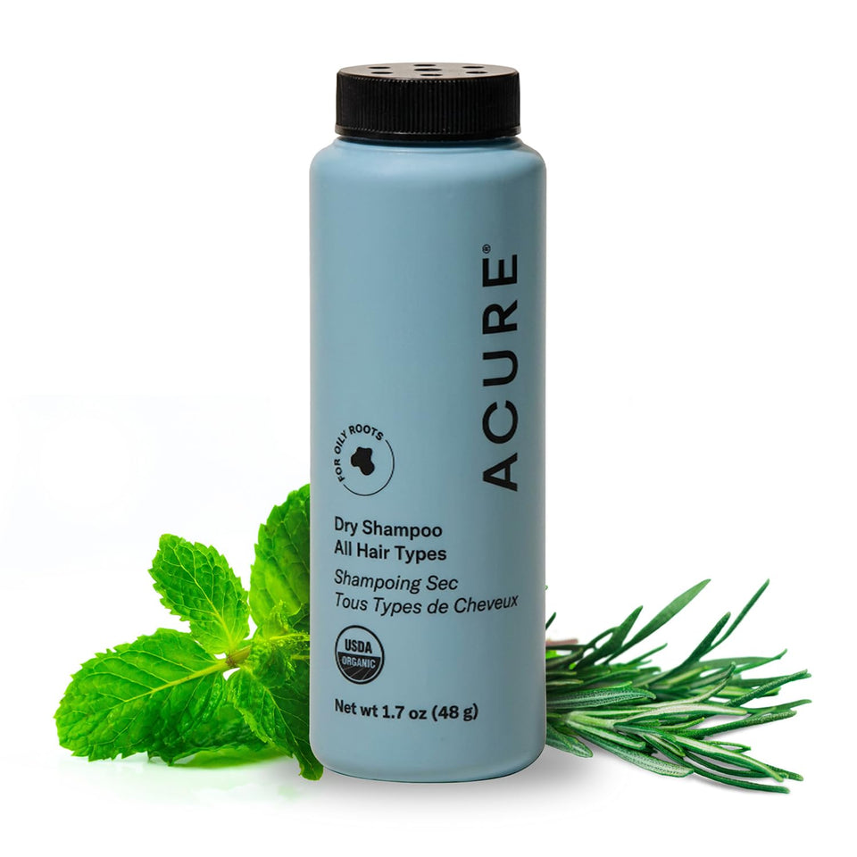 Acure mini dry shampoo front packaging showing compact travel benefit