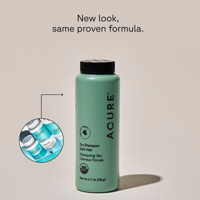 Acure powder close-up showcasing fine texture and blendable formula for dark hair