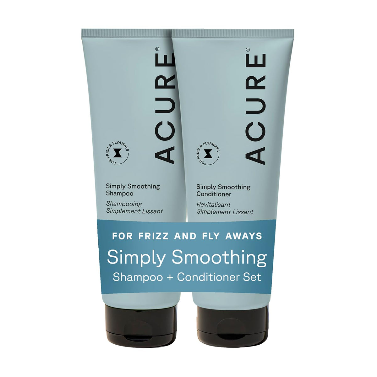Acure front packaging showing the smoothing shampoo and conditioner benefits