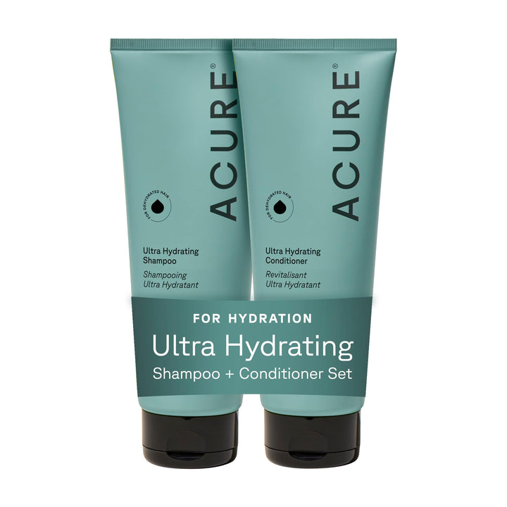 Acure front packaging showing the hydrating shampoo and conditioner for easy identification