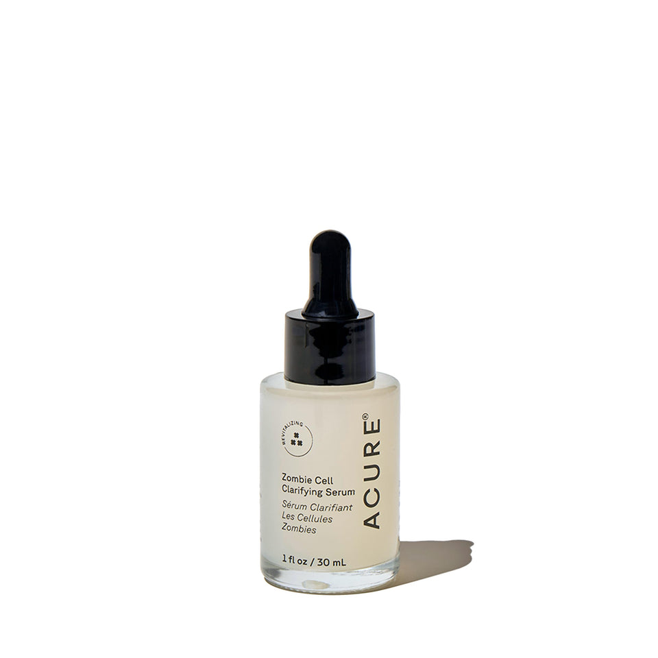 Acure bottle front view showing sleek label and product identity for clear benefits