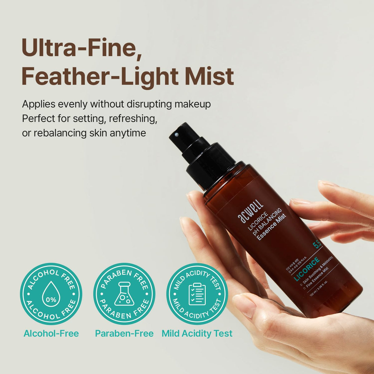 ACWELL mist on bathroom shelf implying daily routine convenience and calm
