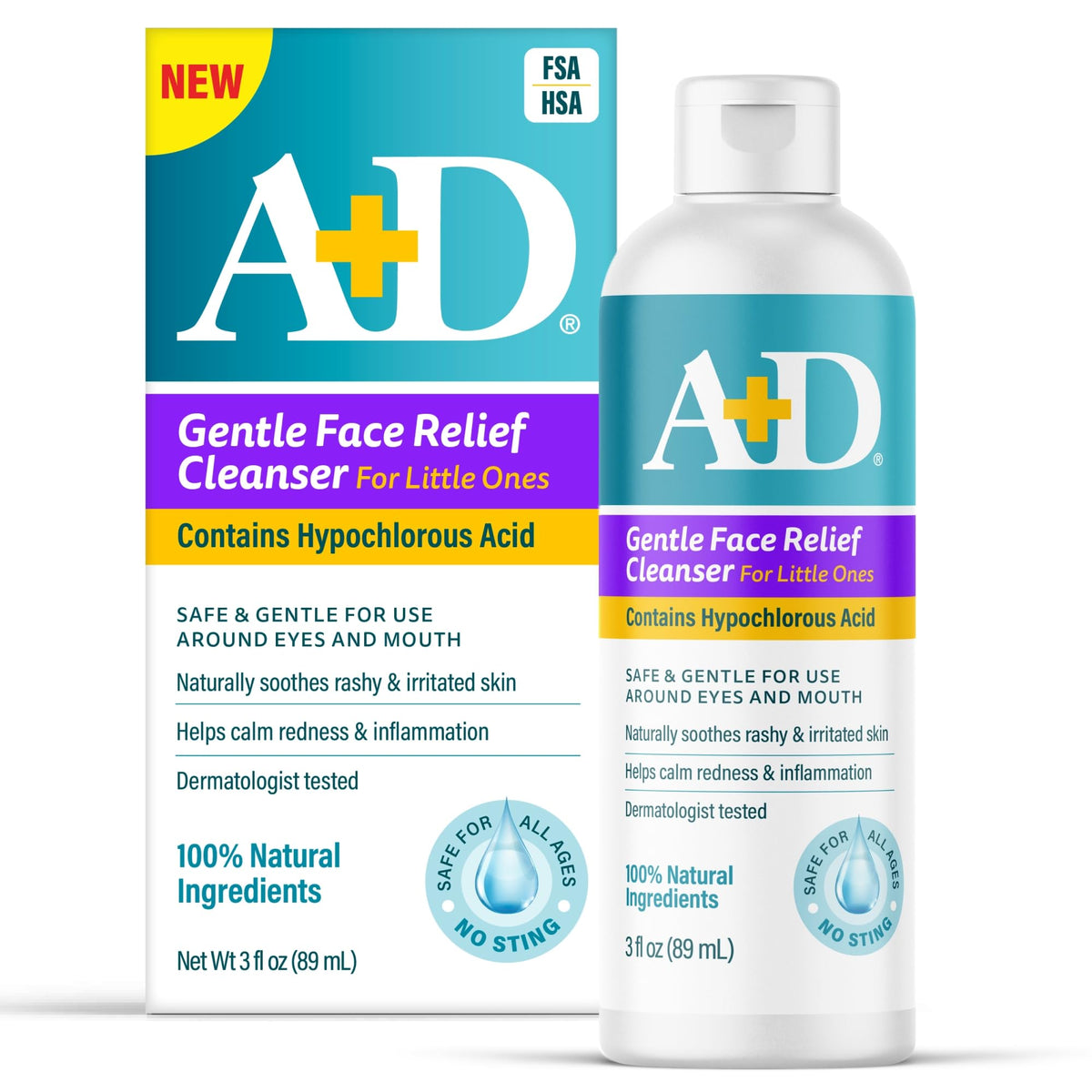 A+D front packaging showing gentle face relief cleanser for babies, convenient and trusted
