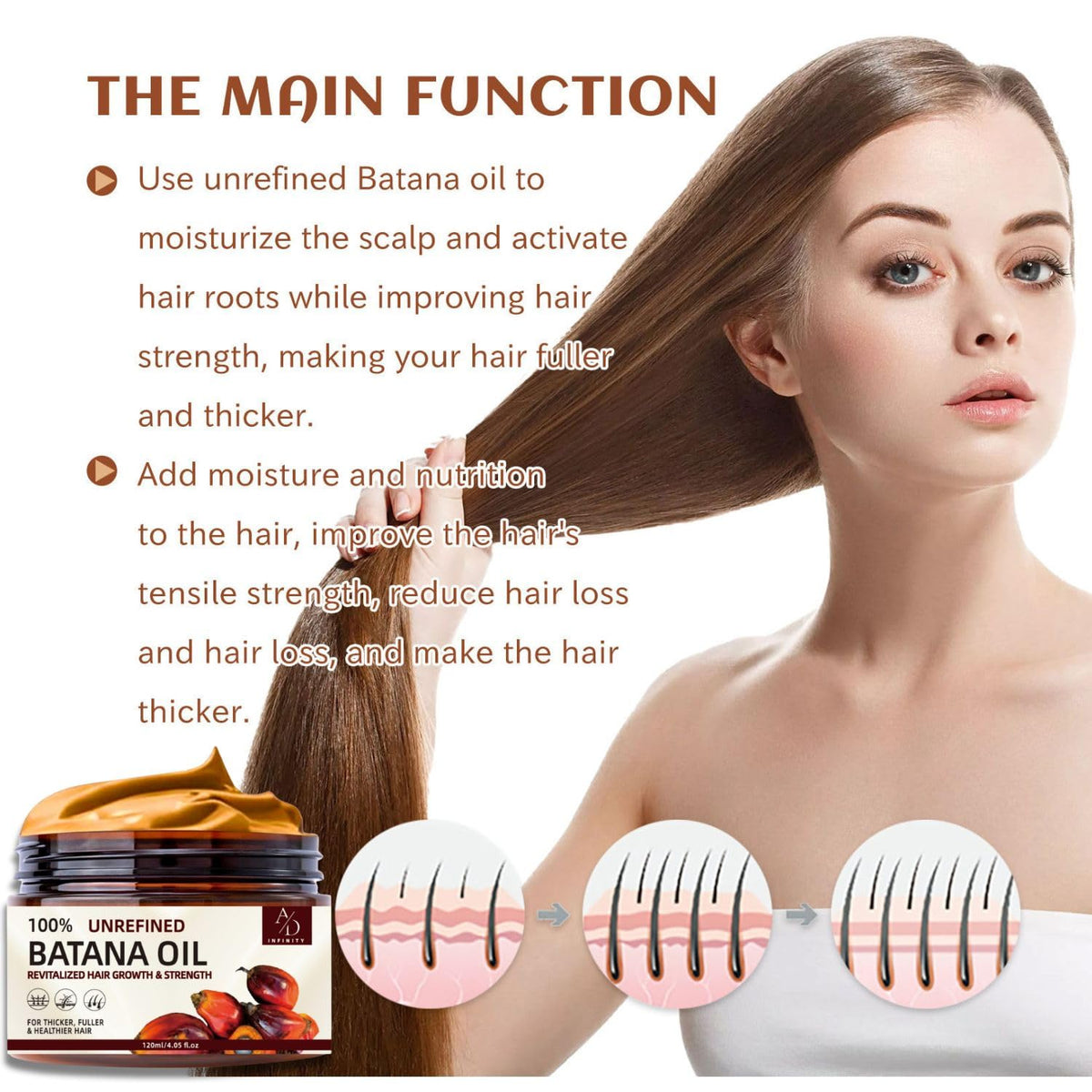 Applying A/D Infinity batana oil to hair demonstrating smoothing and shine benefit