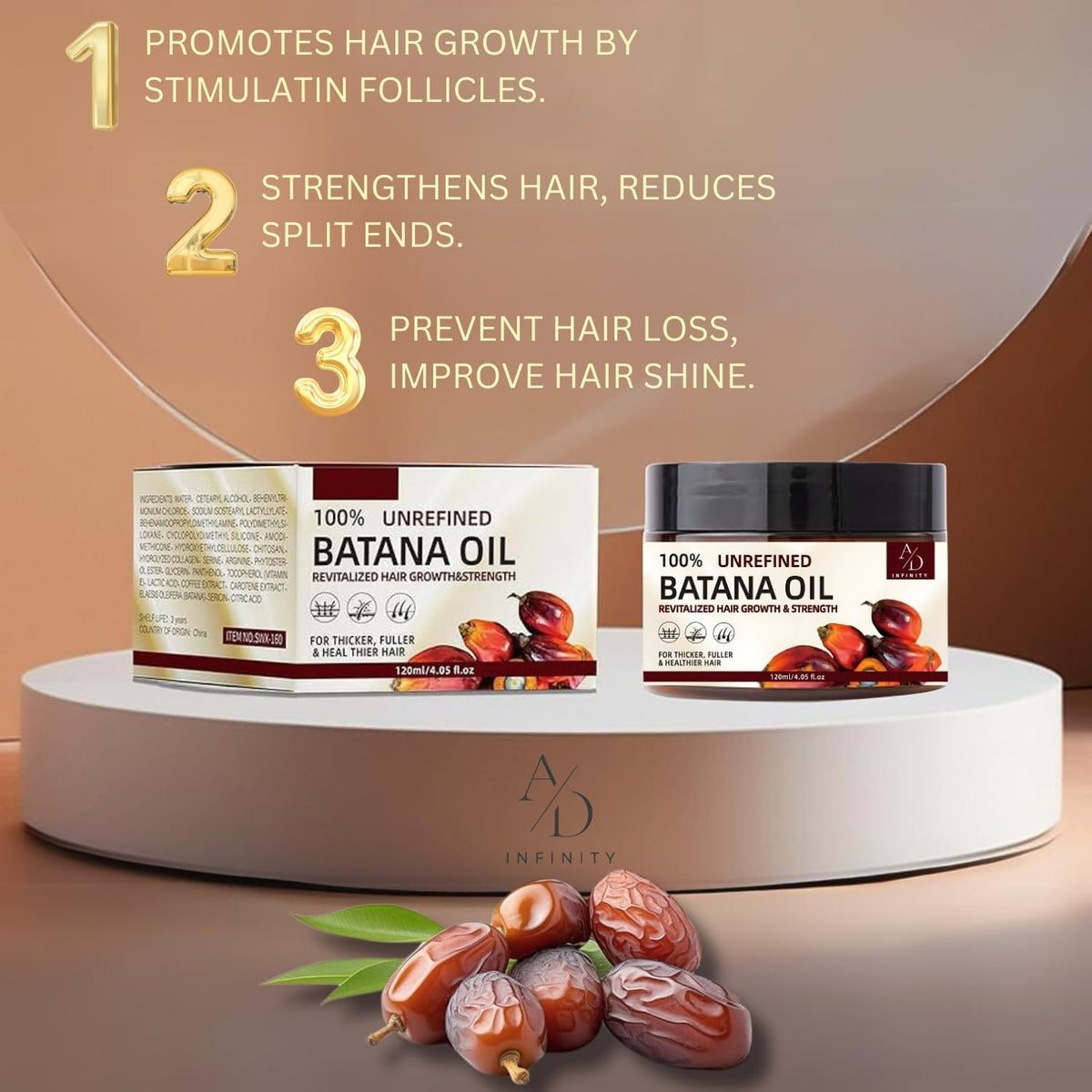 Label close-up of A/D Infinity batana oil listing ingredients to show transparency benefit