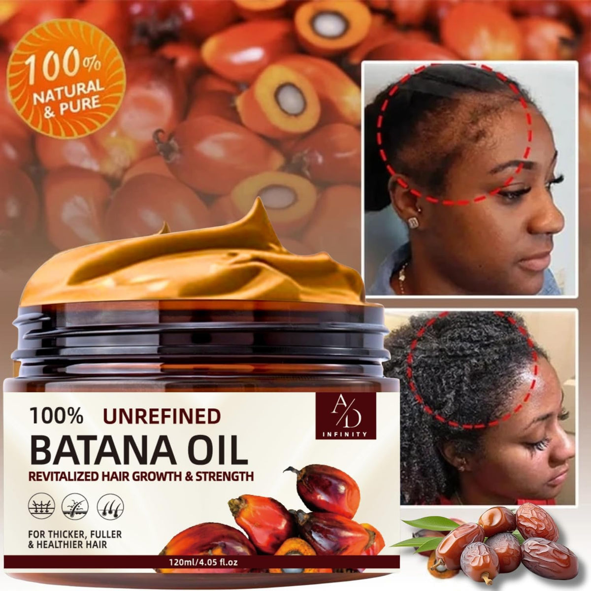 A/D Infinity pouring raw batana oil from bottle to show pure texture and easy dosing benefit