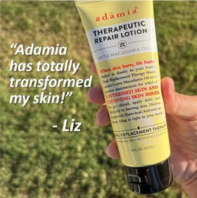 Adamia on bathroom counter in use illustrating everyday moisturizing routine