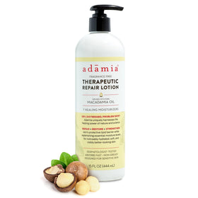 Adamia front bottle view showing macadamia oil lotion and easy pump for daily hydration