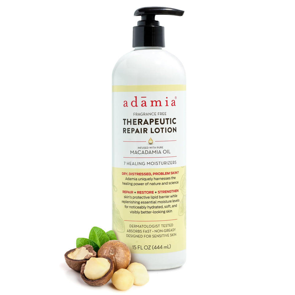 Adamia front bottle view showing macadamia oil lotion and easy pump for daily hydration