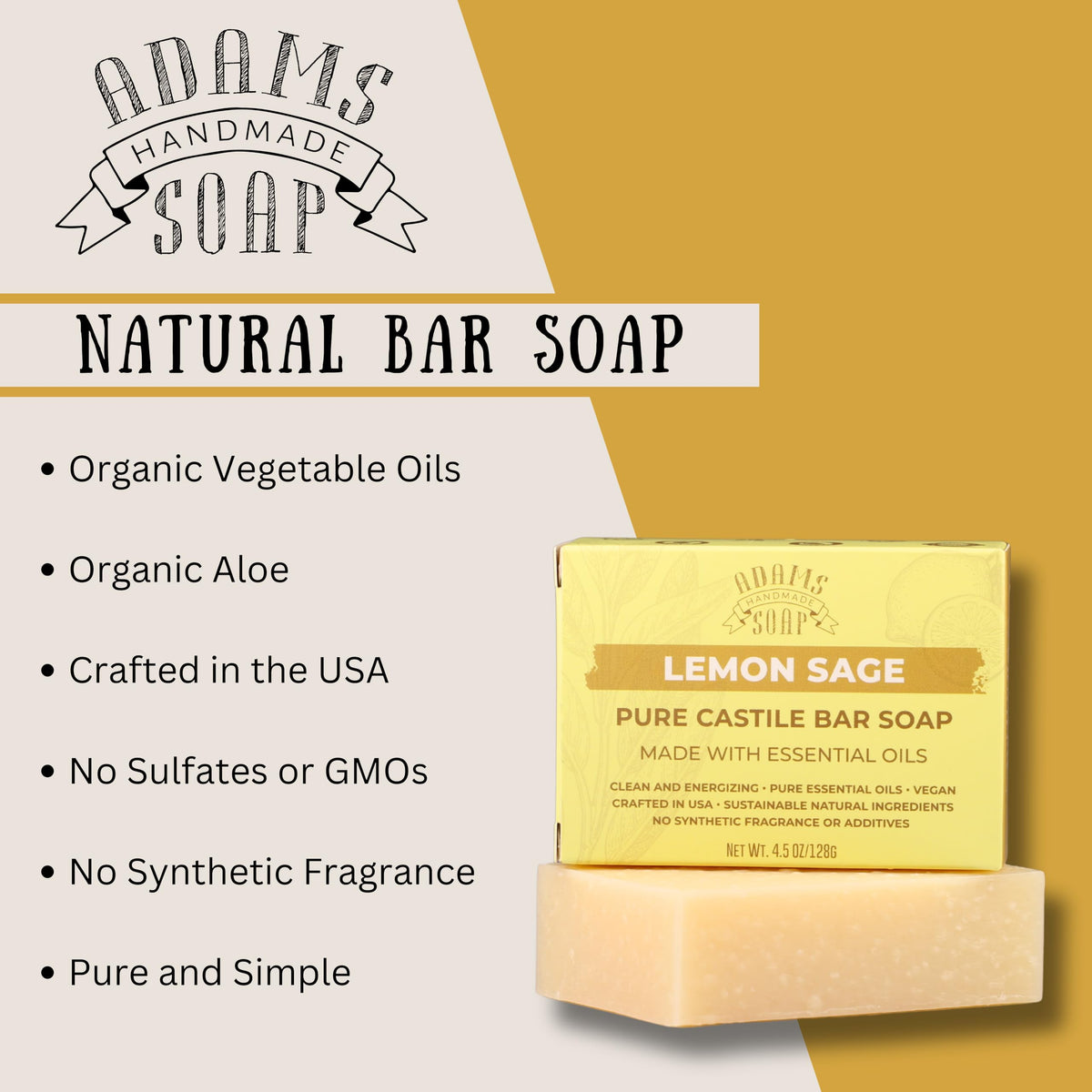 Adams Handmade Soap close-up texture of bar revealing creamy surface