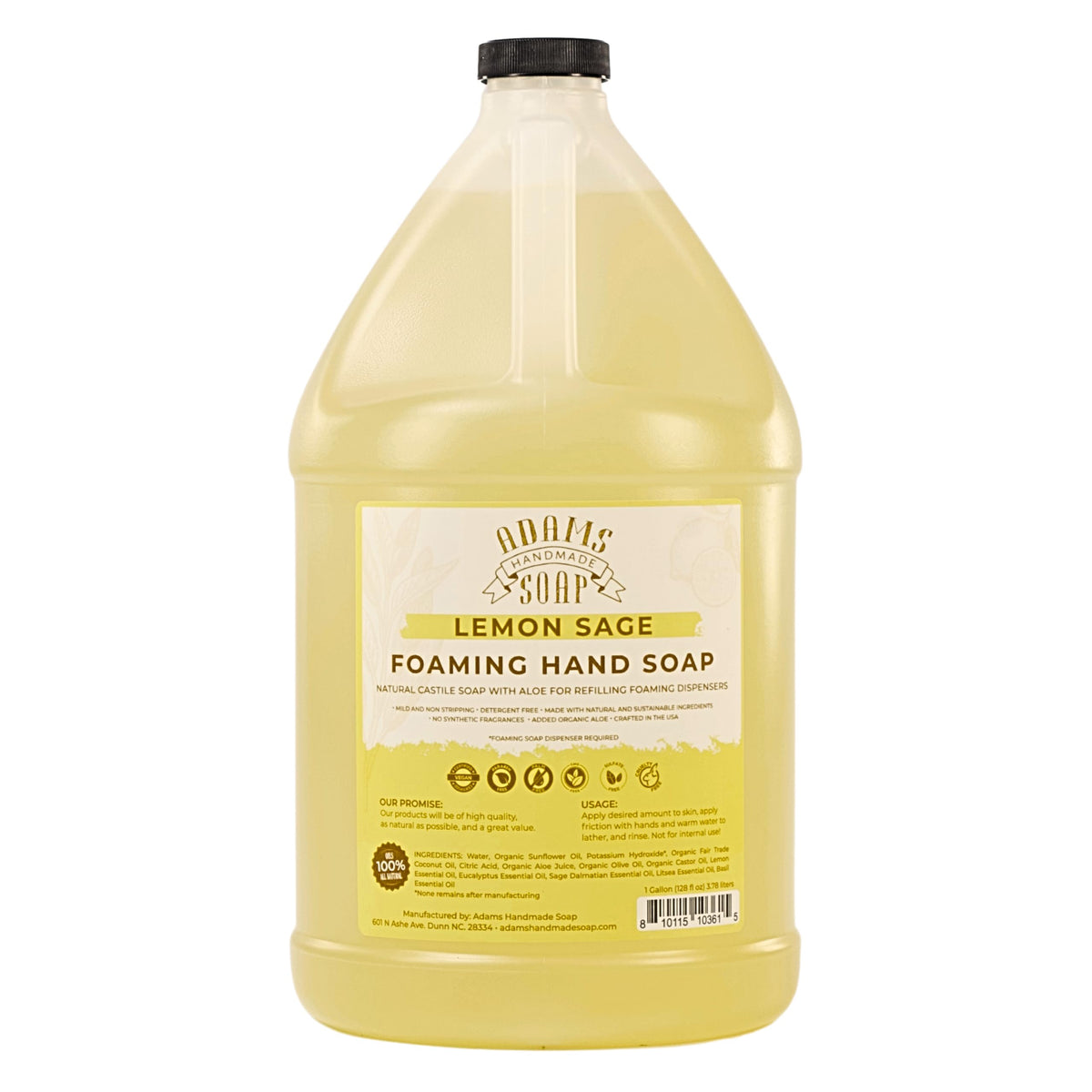 Adams Handmade Soap front view of gallon bottle showing label and benefits