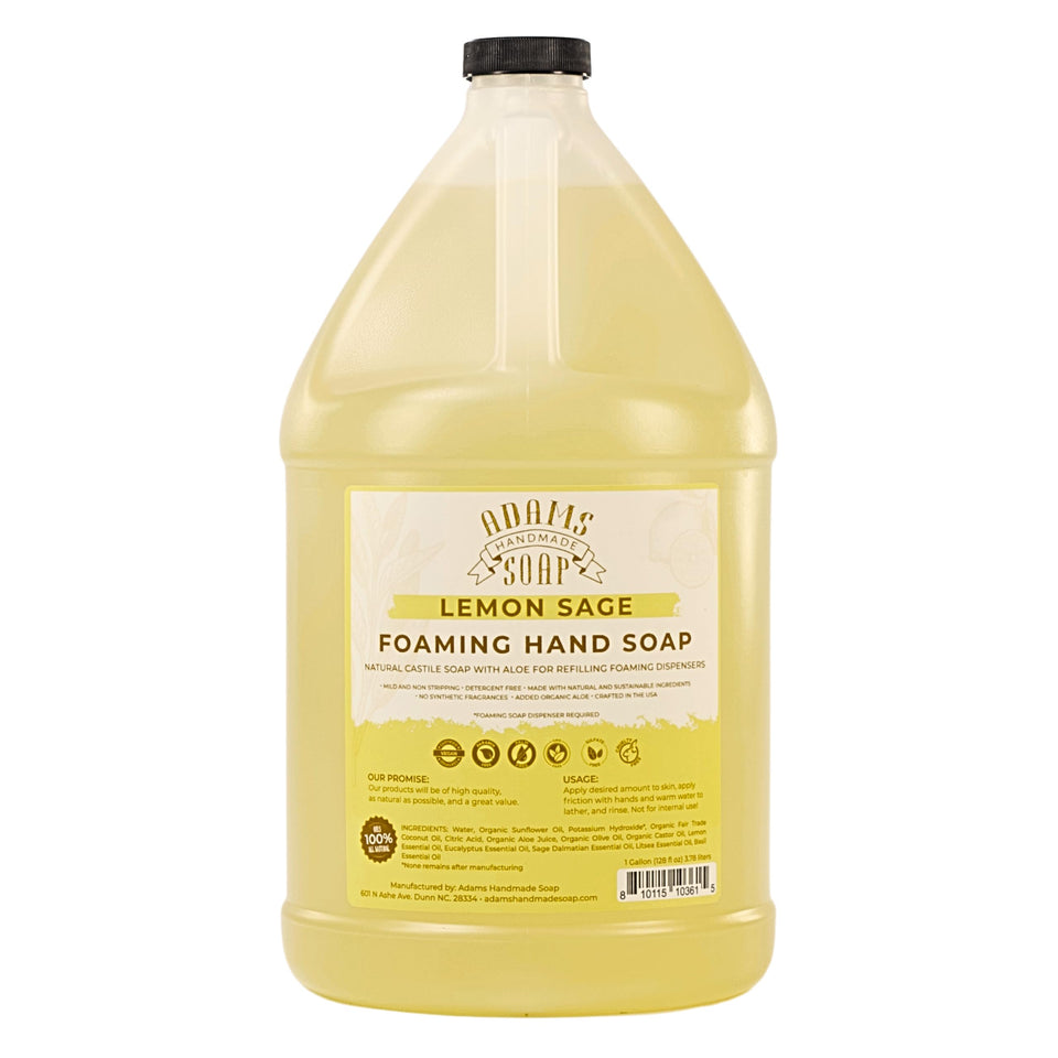 Adams Handmade Soap front view of gallon bottle showing label and benefits