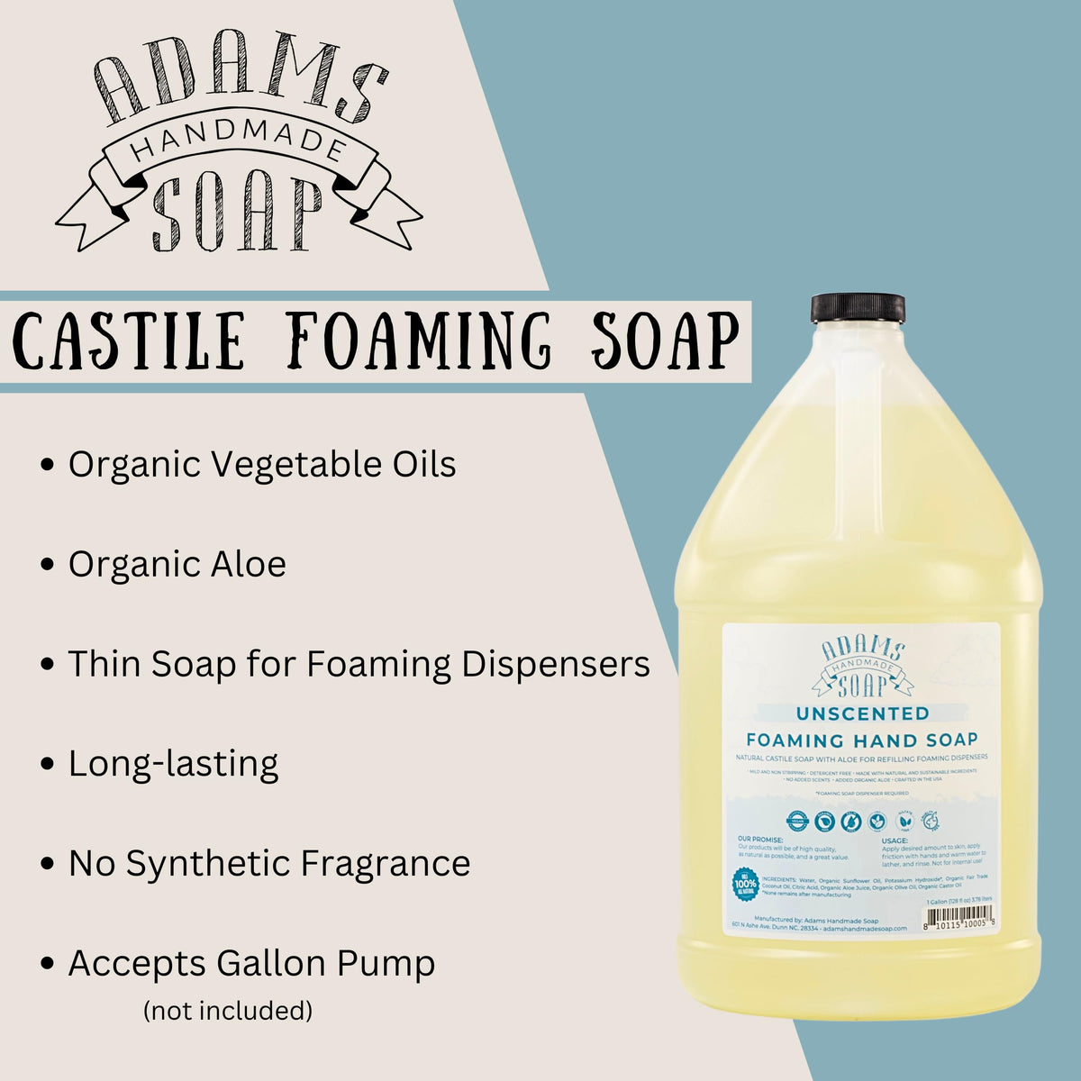 Adams Handmade Soap being poured into foaming dispenser in bathroom providing refill simplicity