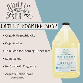 Adams Handmade Soap being poured into foaming dispenser in bathroom providing refill simplicity