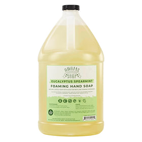 Adams Handmade Soap front label on gallon showing eucalyptus spearmint and refill benefit