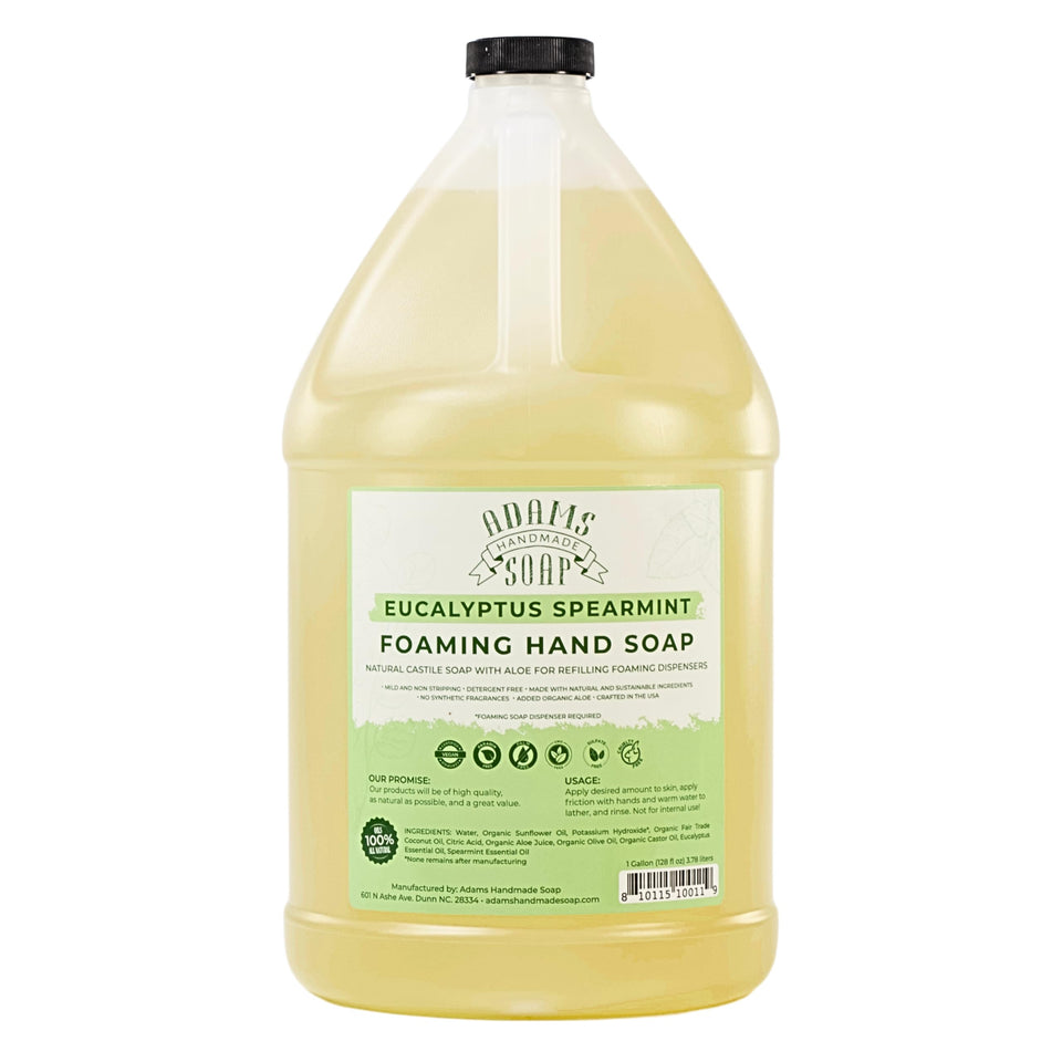Adams Handmade Soap front label on gallon showing eucalyptus spearmint and refill benefit