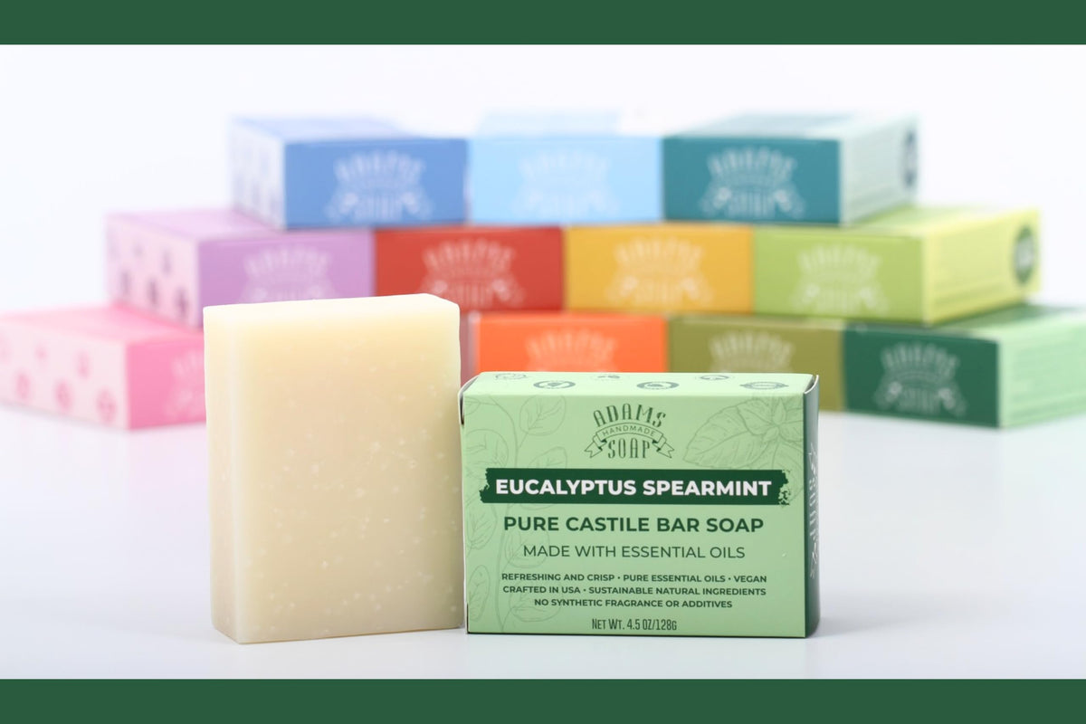 Adams Handmade Soap next to a ruler for scale showing portable 4.5 oz travel friendly size