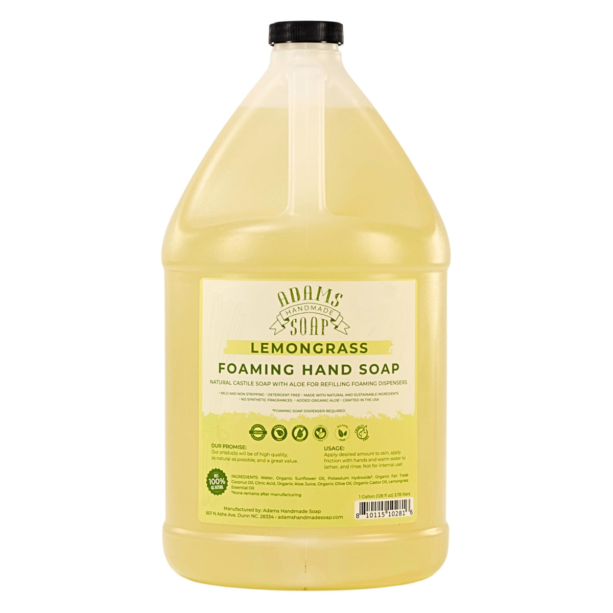 Adams Handmade Soap gallon front label showing lemongrass and benefits
