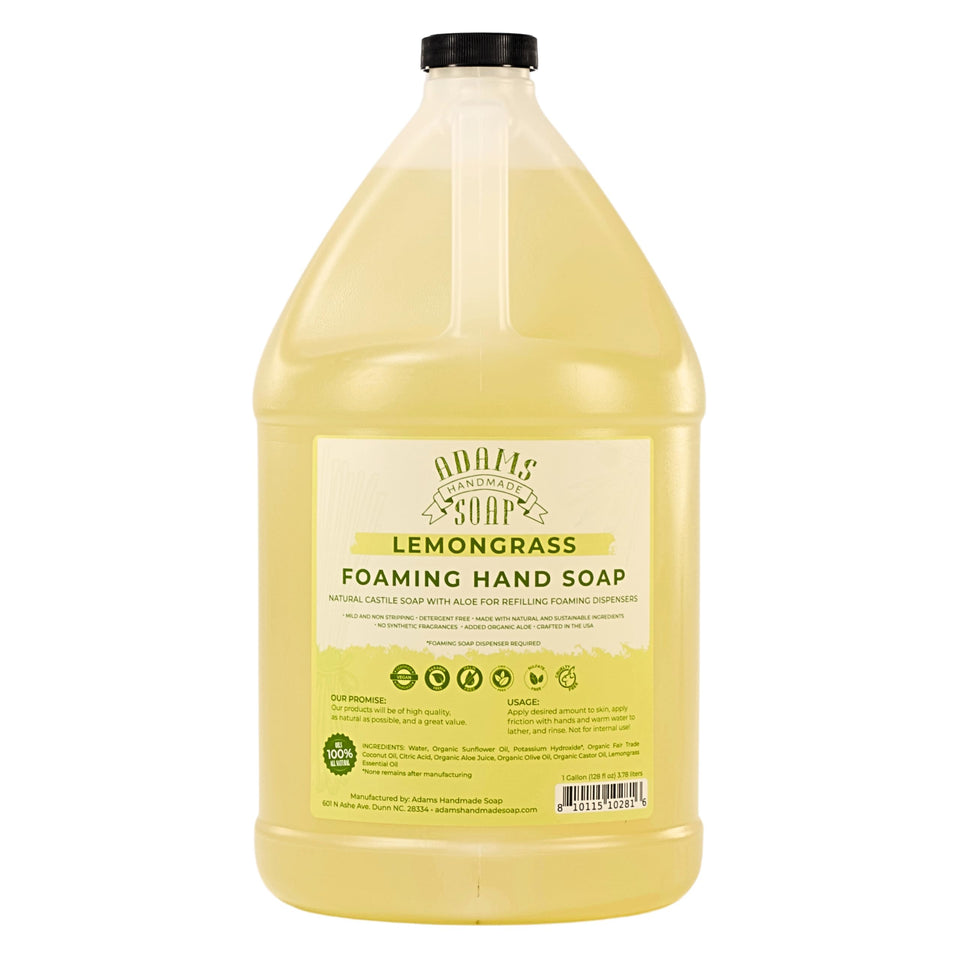Adams Handmade Soap gallon front label showing lemongrass and benefits