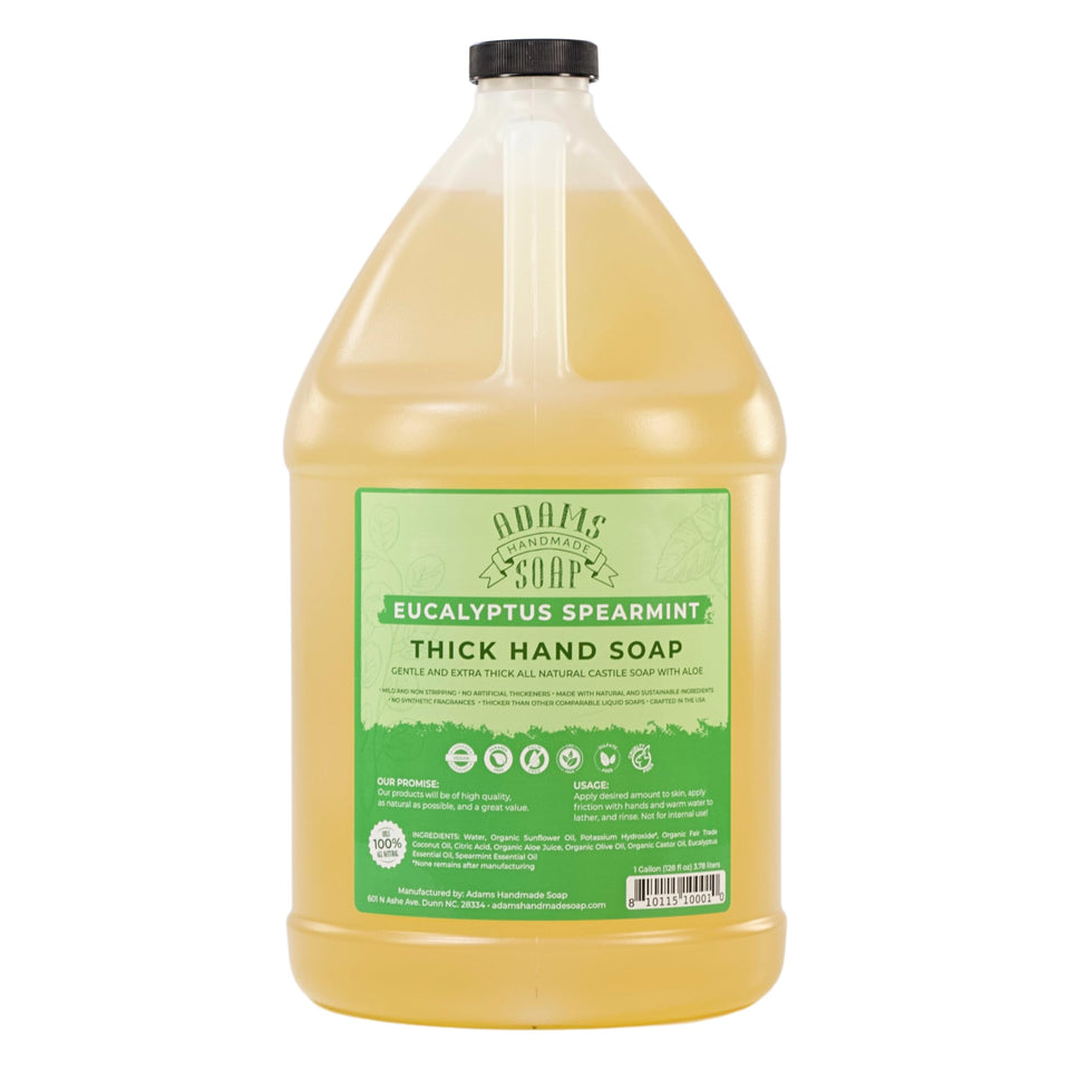 Adams Handmade Soap gallon front label showing eucalyptus spearmint scent and organic Castile benefits