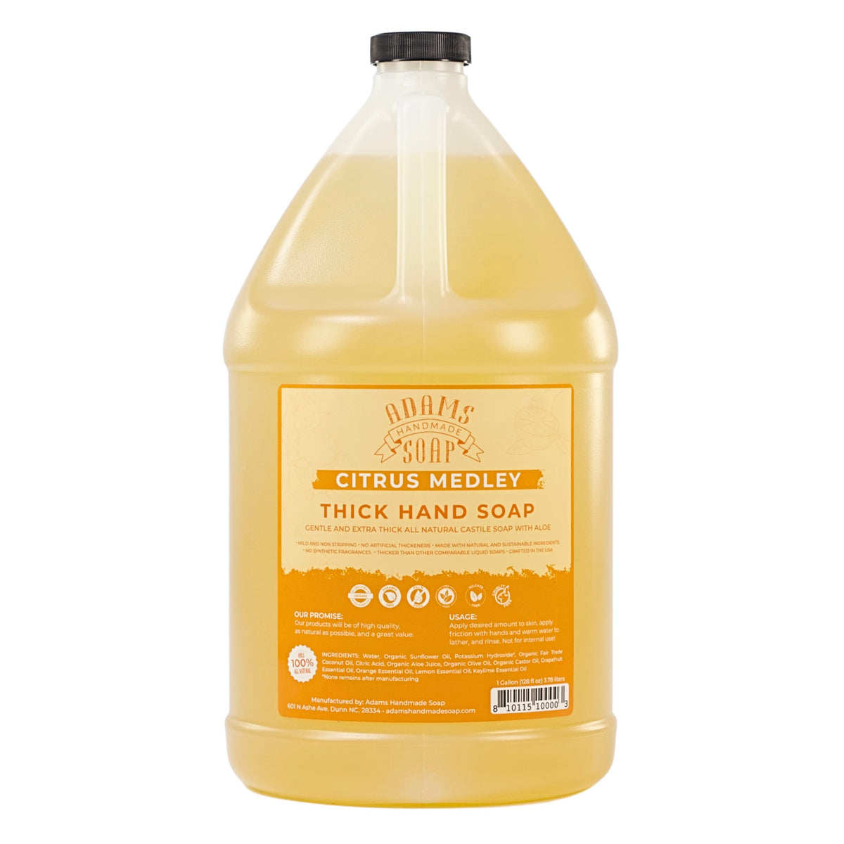 Adams Handmade Soap gallon bottle front view showing label and eco benefits