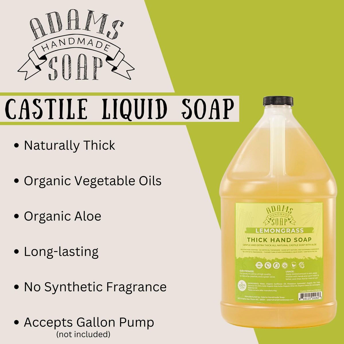Adams Handmade Soap lemongrass gallon being poured into dispenser showing easy refill