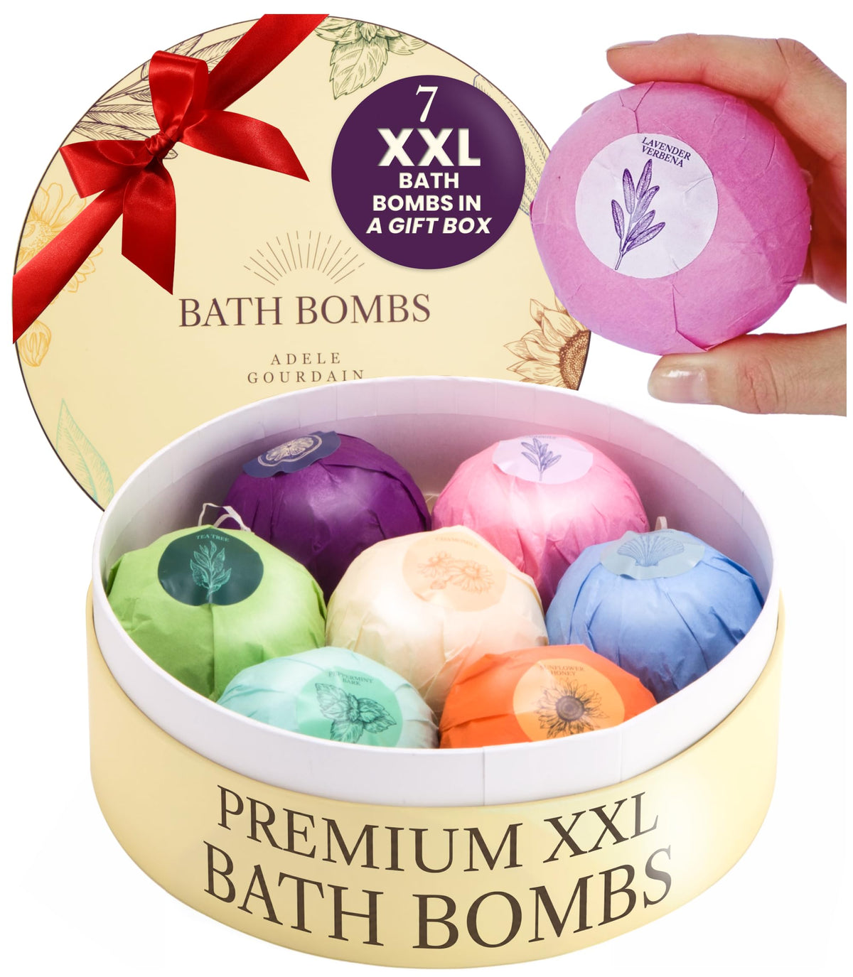 ADELEGOURDAIN front packaging showing elegant gift box and seven bath bombs for gifting benefit