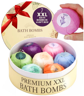 ADELEGOURDAIN front packaging showing elegant gift box and seven bath bombs for gifting benefit