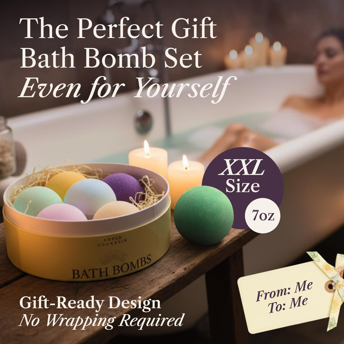 ADELEGOURDAIN single 200g oversized bath bomb highlighting long-lasting soak benefit
