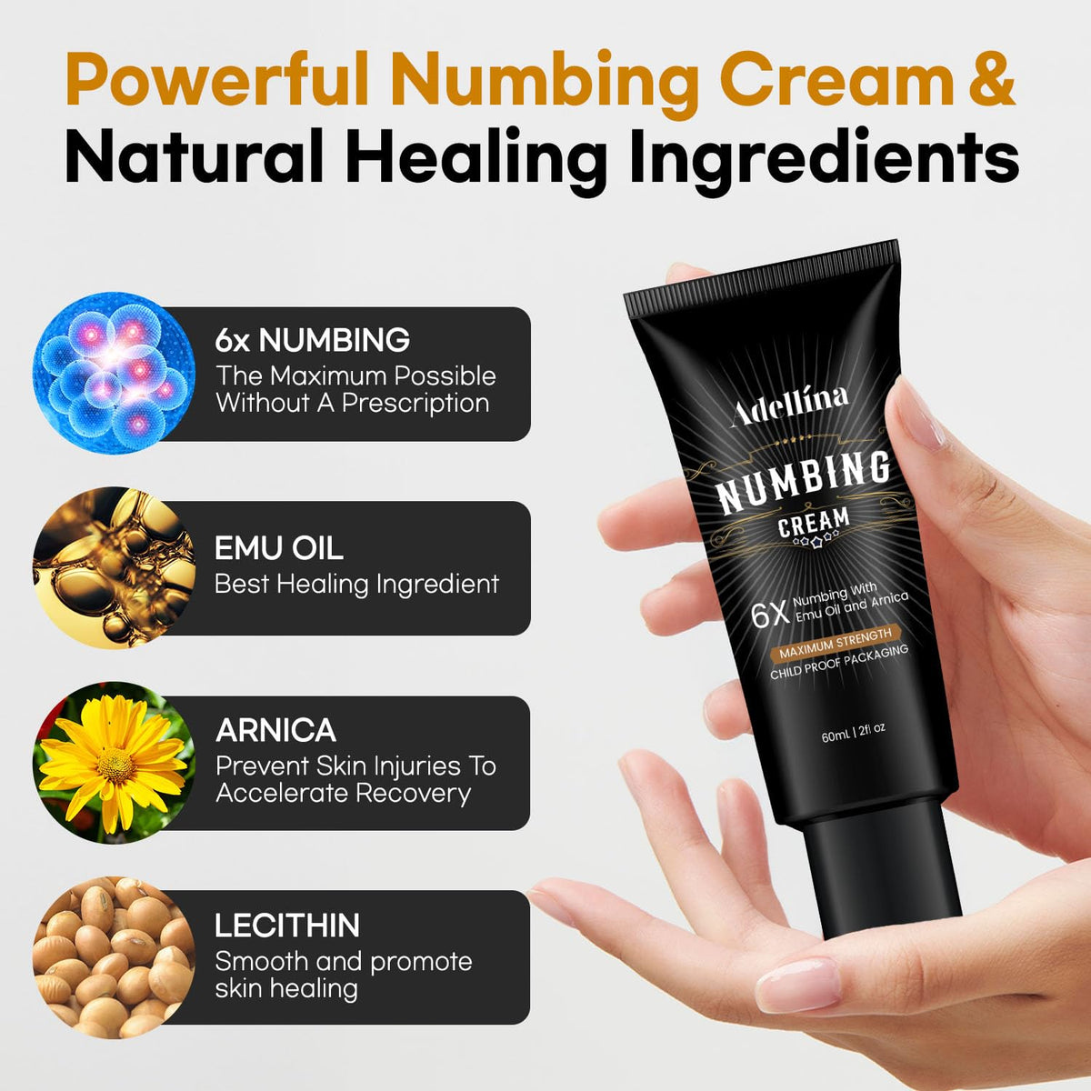 Adellina cream applied to hand demonstrating cooling application benefit