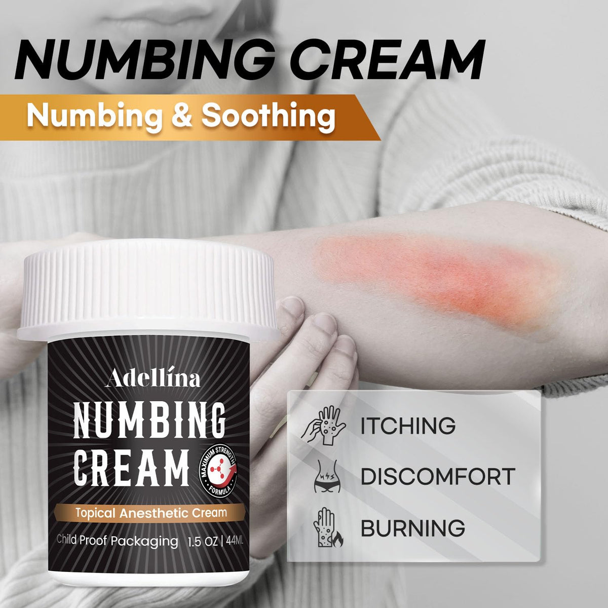 Adellina open tube cream texture demonstrating smooth fast-absorbing glide