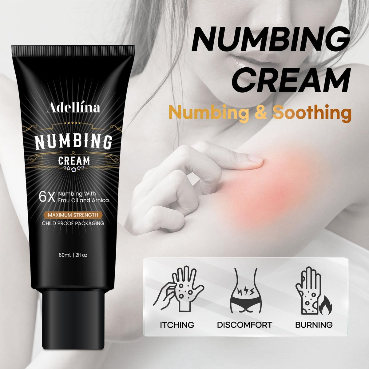 Adellina tube close-up label highlighting formula and calming properties