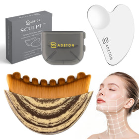 ADETON front view of brush and gua sha set showing complete kit and benefits