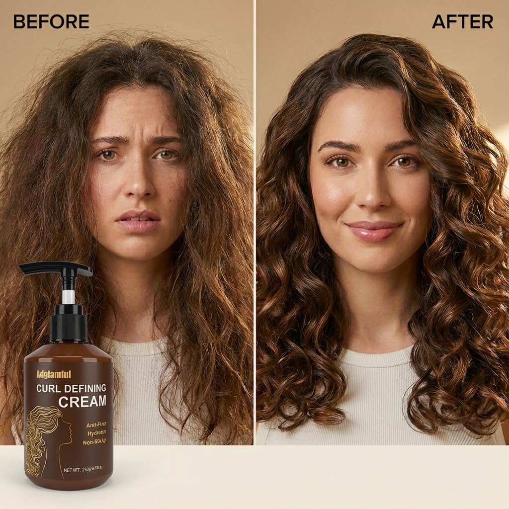 Adglamful before and after curls showing reduced frizz and enhanced definition