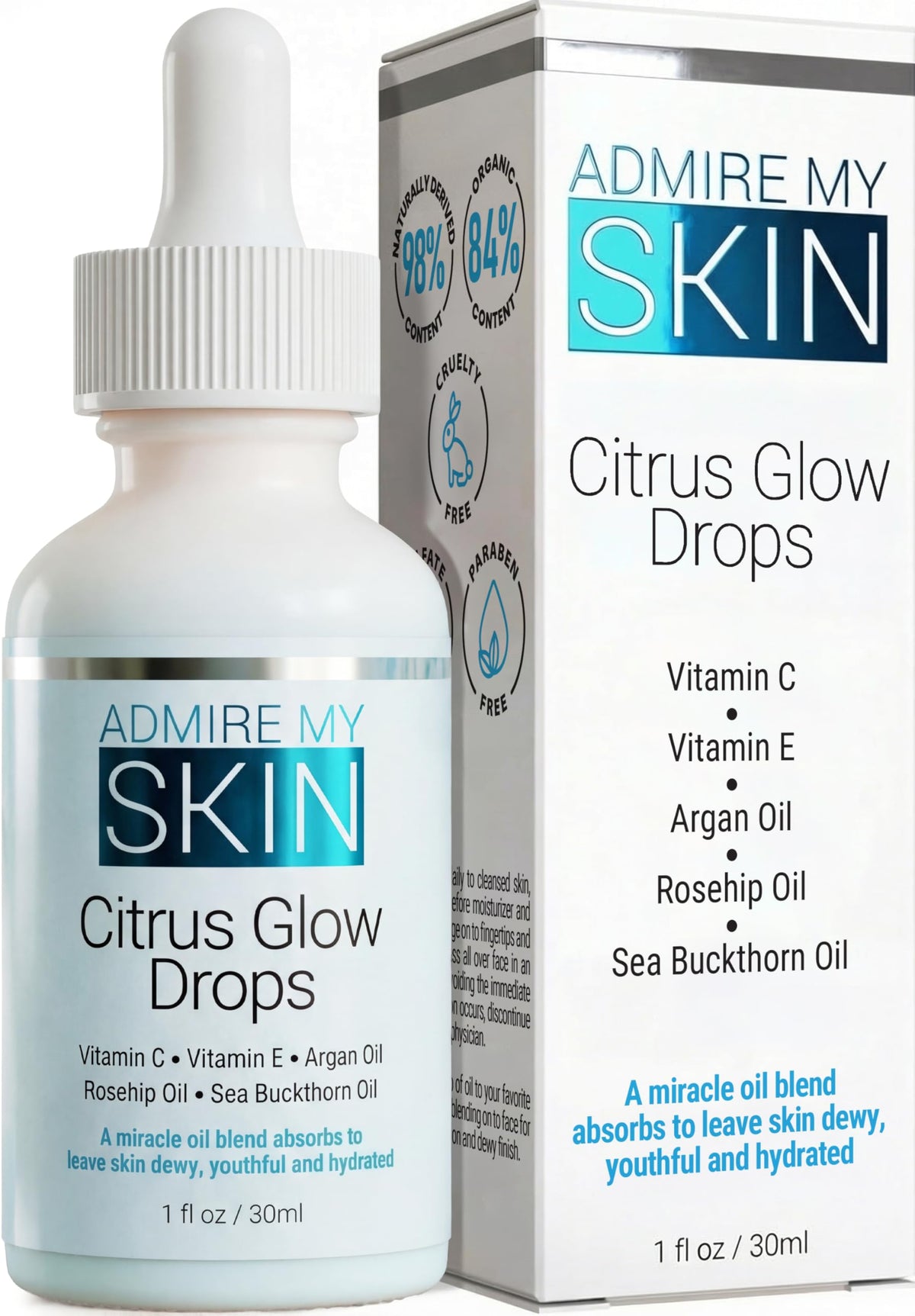 Admire My Skin bottle front packaging showing clean design and 1oz benefit