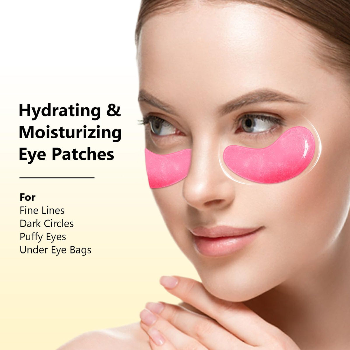 Adofect patches applied under eyes demonstrating easy home use and comfort