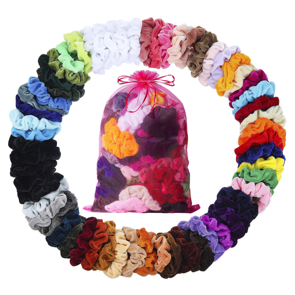 ADRIONE front packaging showing 60 velvet scrunchies, convenient bulk supply