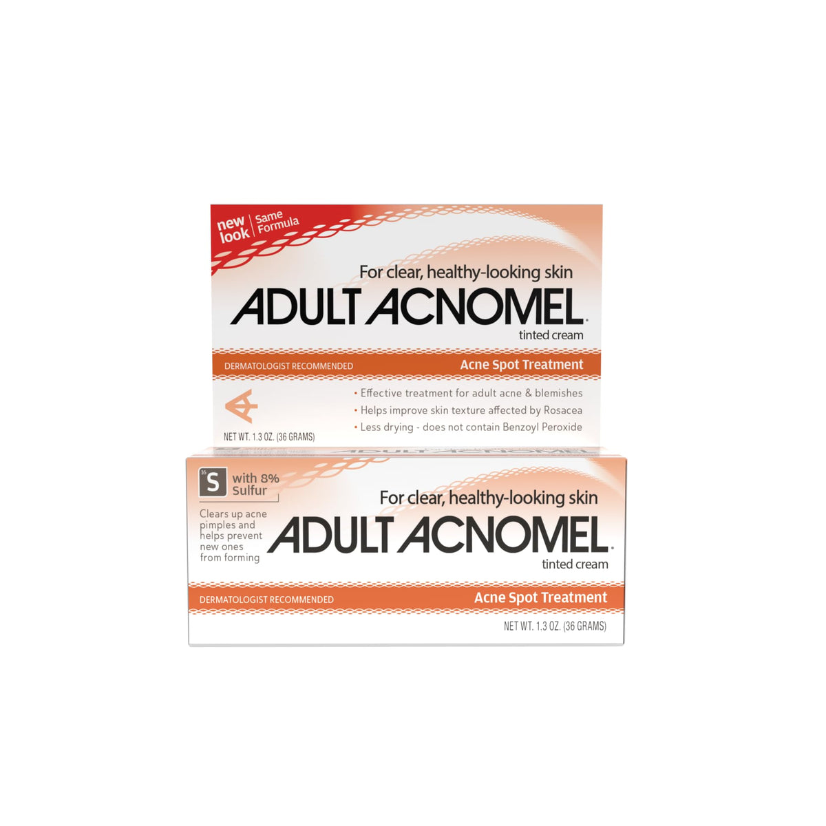 Adult Acnomel front tube showing product branding and size, clear packaging benefit