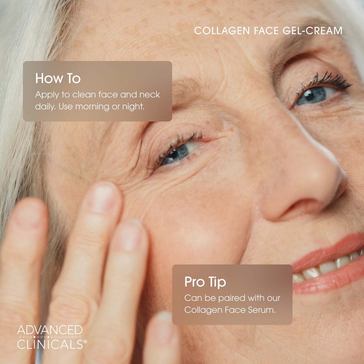 Advanced Clinicals gel-cream applied on hand demonstrating smooth, plump finish