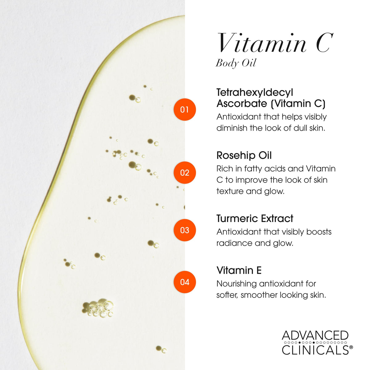 Advanced Clinicals label detail highlighting vitamin C, vitamin E and botanicals