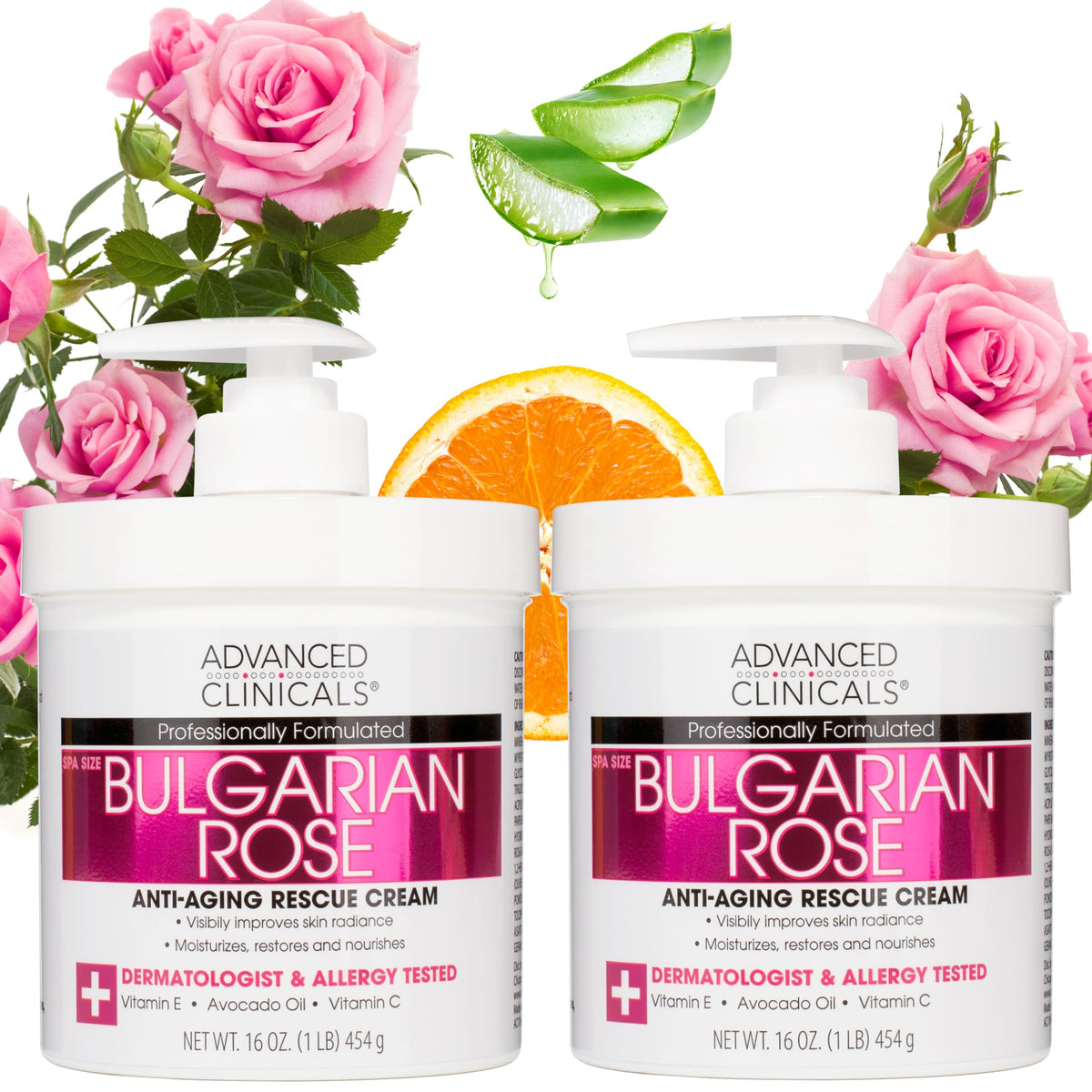 Advanced Clinicals front packaging showing tub and rose scent benefits