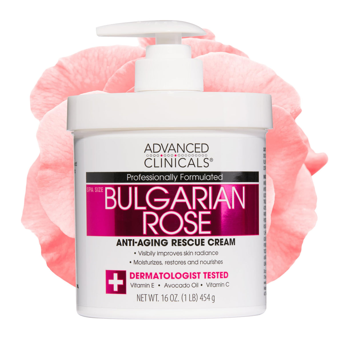 Advanced Clinicals front packaging showing 16 oz jar and rose scent benefit
