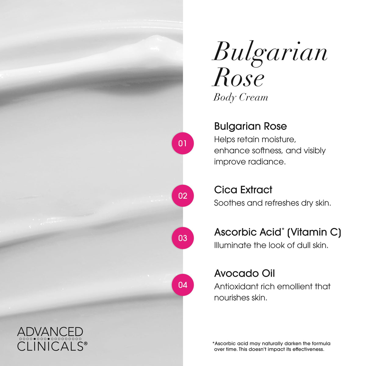 Advanced Clinicals ingredient display with aloe cica and vitamin C benefits