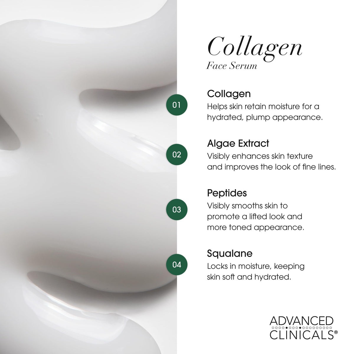 Advanced Clinicals label listing peptides hyaluronic acid and antioxidants
