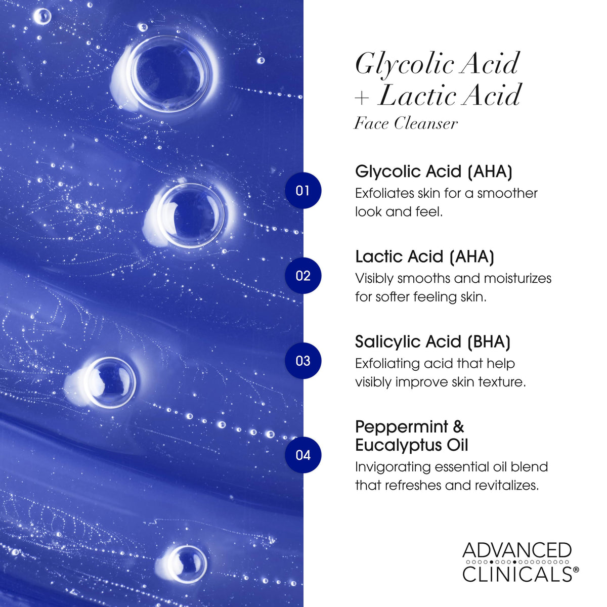 Advanced Clinicals rich foam lather detail displaying effective cleansing and comfortable rinse