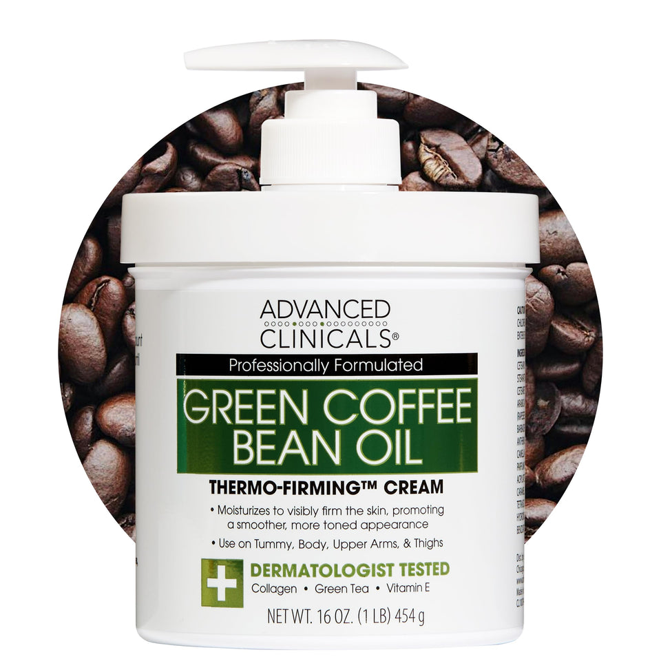 Advanced Clinicals front label showing green coffee bean lotion benefits