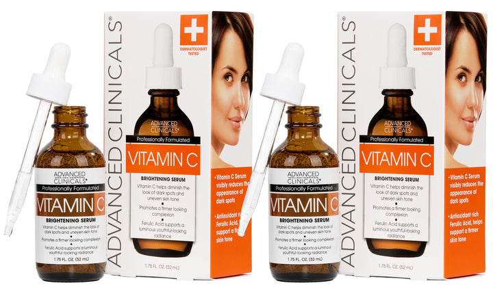 Advanced Clinicals front-packaging showing serum bottles and luminous benefit