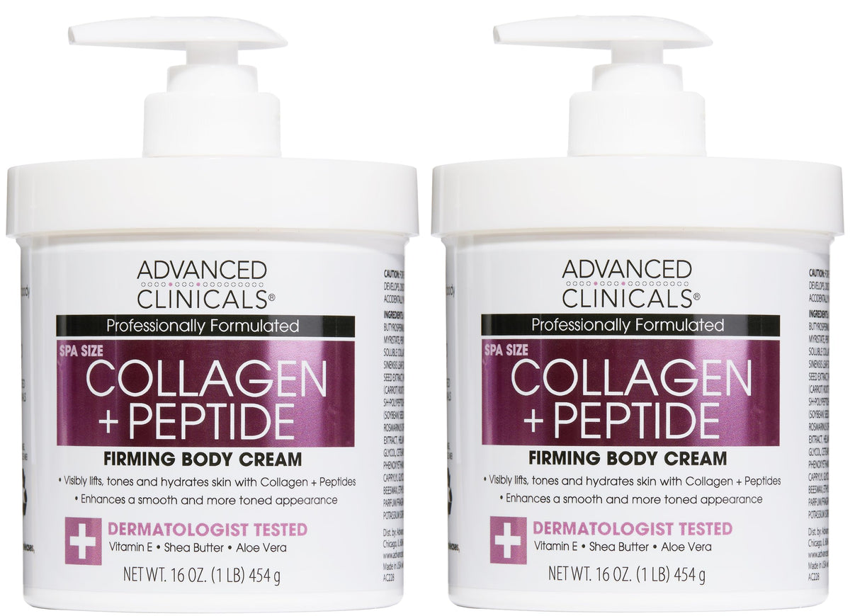 Advanced Clinicals front packaging of collagen peptides lotion showing branding and 2-pack benefit